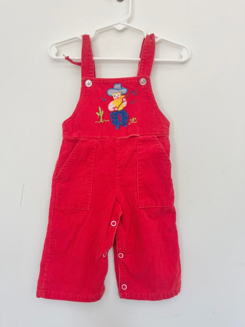 Vintage Cuties by Judy Red Corduroy Kids Overalls w Musician Embroidery READ 9M